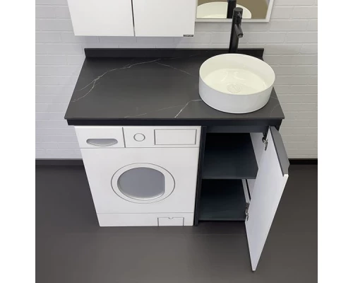 COMFORTY. Набор мебели под стиральную машину "Лозанна-100" белый глянец со столешницей под мрамор Калакатта Блэк с раковиной COMFORTY 9111