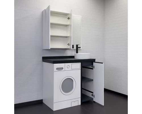 COMFORTY. Набор мебели под стиральную машину "Лозанна-100" белый глянец со столешницей под мрамор Калакатта Блэк с раковиной COMFORTY 9111