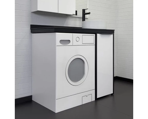 COMFORTY. Набор мебели под стиральную машину "Лозанна-100" белый глянец со столешницей под мрамор Калакатта Блэк с раковиной COMFORTY 9111