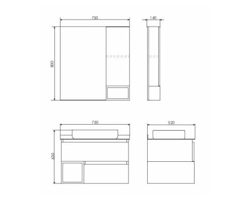 COMFORTY. Тумба-умывальник "Прага-75" дуб белый с графитовой столешницей, с раковиной COMFORTY T-Y9378
