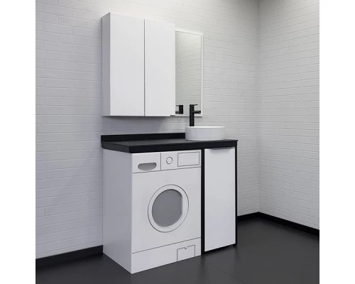 COMFORTY. Набор мебели под стиральную машину "Лозанна-100" белый глянец со столешницей под мрамор Калакатта Блэк с раковиной COMFORTY 9111