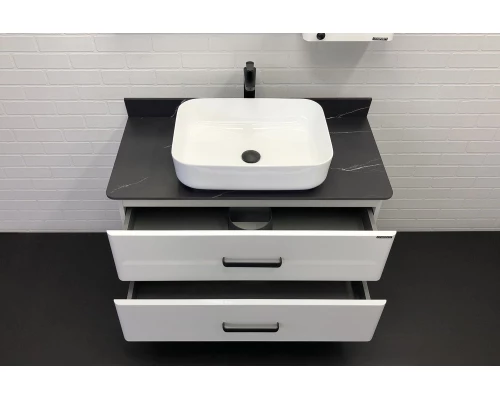 Тумба-умывальник "Амстердам-95" белая со столеш. под мрамор Калакатта Блэк с рак. COMFORTY T-Y9378