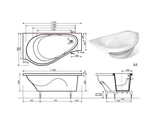 Ванна из литого мрамора 170x94 см L Эстет Грация FP00000629