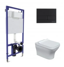 Комплект: инсталляция NOVUM кнопка L5 черная Soft Touch, унитаз Strati Rimless, сиденье дюропласт St