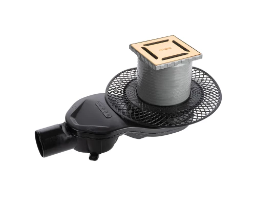 Трап водосток PLATZ Norma 100х100, золото глянец, S-сифон D50 H60 боковой, BERGES