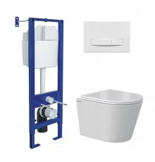 Комплект: инсталляция АТОМ Line кнопка белая, унитаз VITA Rimless 49 см, сиденье дюропласт микролифт