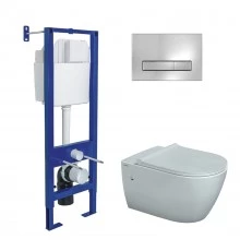 Комплект: инсталляция АТОМ Line кнопка хром глянец, унитаз MASCON Rimless, сидение дюропласт микроли