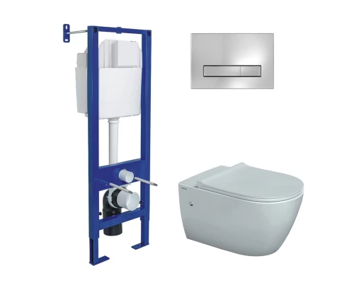 Комплект: инсталляция АТОМ Line кнопка хром глянец, унитаз MASCON Rimless, сидение дюропласт микроли