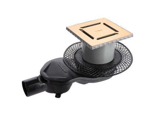 Трап водосток PLATZ Norma 150х150, золото глянец, S-сифон D50 H60 боковой, BERGES