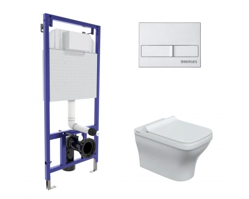 Комплект: инсталляция NOVUM кнопка L2 матовый хром, унитаз Strati Rimless, сиденье дюропласт Strati