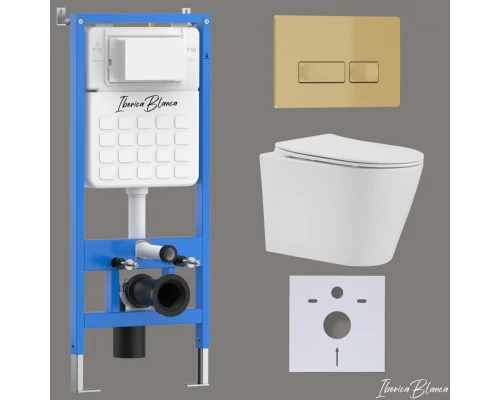 Комплект 3в1 IBERICA BLANCA инсталляция SILENCIO, унитаз BURGOS ALTO белый, кнопка смыва ESTI-R золото матовое (IB001.BRA.231.215)