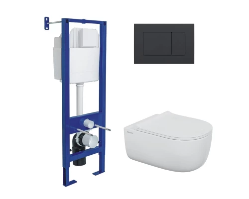 Комплект: инсталляция АТОМ кнопка черная SoftTouch, унитаз EGO XL Rimless, сидение дюропласт микроли