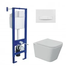 Комплект: инсталляция АТОМ Line кнопка белая, унитаз FLOE S Rimless 51 см, сидение дюропласт Floe S