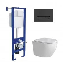 Комплект: инсталляция АТОМ Line кнопка черная Soft Touch, унитаз OKUS Rimless 49 см, сиденье дюропла