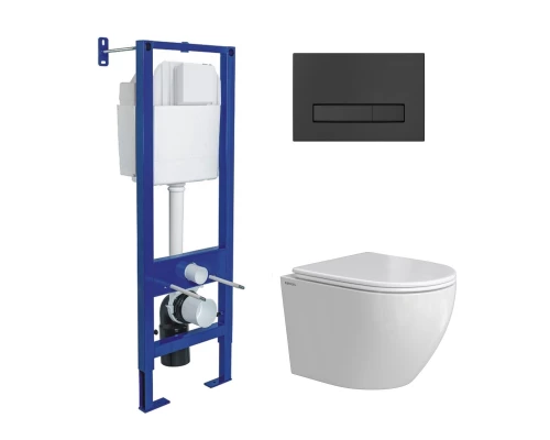 Комплект: инсталляция АТОМ Line кнопка черная Soft Touch, унитаз OKUS Rimless 49 см, сиденье дюропла