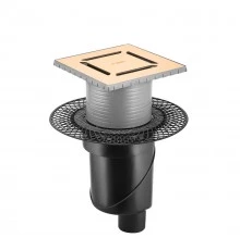Трап водосток PLATZ Norma 150х150, золото глянец, S-сифон D50/105 H50 вертикальный, BERGES