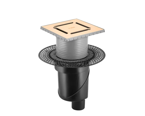 Трап водосток PLATZ Norma 150х150, золото глянец, S-сифон D50/105 H50 вертикальный, BERGES