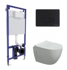 Комплект для монтажа подвесного унитаза: инсталляция NOVUM525, кнопка D5 Soft Touch черная, унитаз O