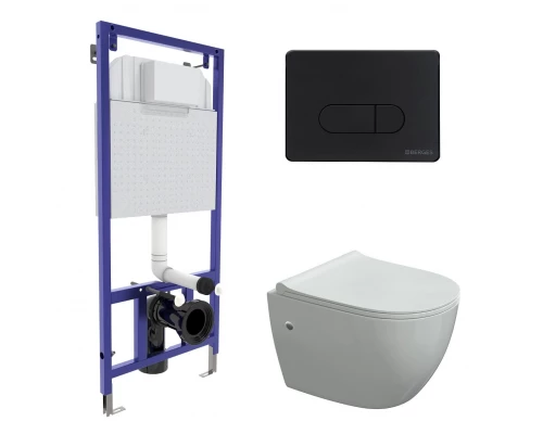 Комплект для монтажа подвесного унитаза: инсталляция NOVUM525, кнопка D5 Soft Touch черная, унитаз O