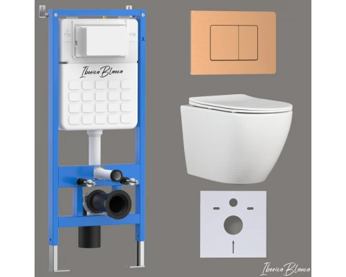 Комплект 3в1 IBERICA BLANCA инсталляция SILENCIO, унитаз BILBAO ALTO белый, кнопка смыва INOX-C розовое золото матовое (IB001.BLA.231.1172)