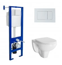 Комплект для монтажа подвесного унитаза GAMMA: инсталляция АТОМ410, кнопка белая, унитаз  с сиденьем