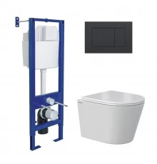 Комплект: инсталляция АТОМ кнопка черная Soft Touch, унитаз VITA Rimless 49 см, сиденье дюропласт ми