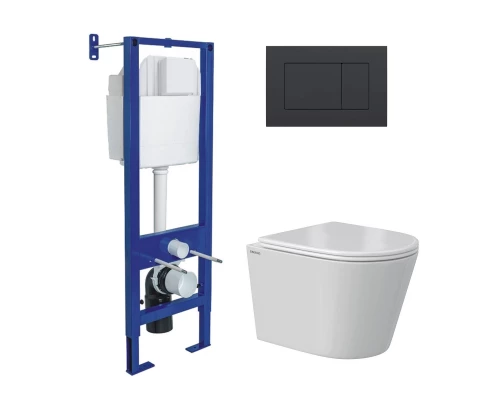 Комплект: инсталляция АТОМ кнопка черная Soft Touch, унитаз VITA Rimless 49 см, сиденье дюропласт ми