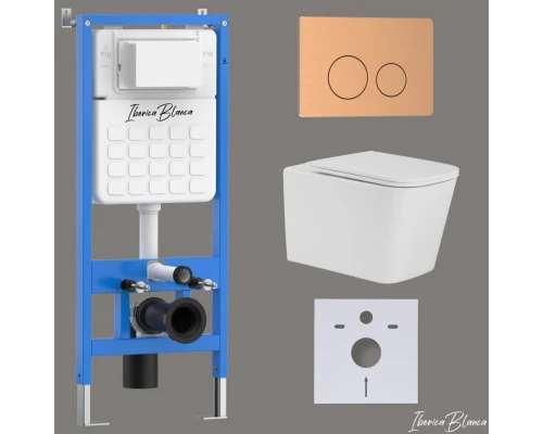 Комплект 3в1 IBERICA BLANCA инсталляция SILENCIO, унитаз TOLEDO ALTO белый, кнопка смыва INOX-О розовое золото матовое (IB001.TLA.234.8172)