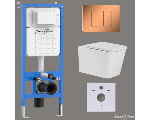 Комплект 3в1 IBERICA BLANCA инсталляция SILENCIO, унитаз TOLEDO ALTO белый, кнопка смыва INOX-C розовое золото глянцевое (IB001.TLA.231.1141)