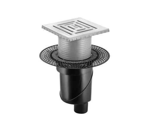 Трап водосток PLATZ Uno 150х150, матовый хром, S-сифон D50/105 H50 вертикальный, BERGES