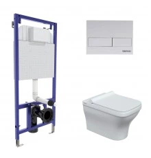 Комплект: инсталляция NOVUM кнопка L4 белая Soft Touch , унитаз Strati Rimless, сиденье дюропласт St