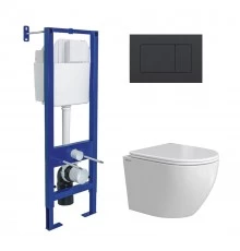 Комплект: инсталляция АТОМ кнопка черная Soft Touch, унитаз OKUS Rimless 49 см, сиденье дюропласт ми