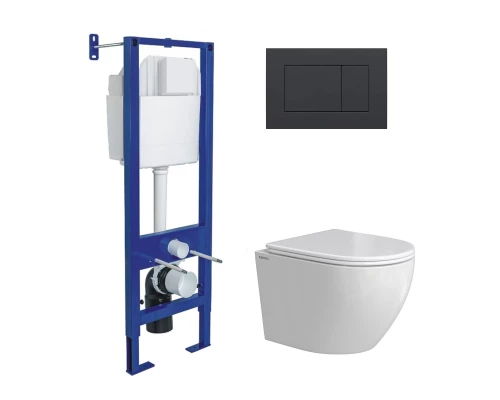 Комплект: инсталляция АТОМ кнопка черная Soft Touch, унитаз OKUS Rimless 49 см, сиденье дюропласт ми