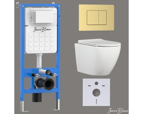 Комплект 3в1 IBERICA BLANCA инсталляция SILENCIO, унитаз BILBAO ALTO белый, кнопка смыва INOX-C золото матовое (IB001.BLA.231.1150)