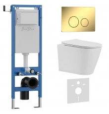 Комплект 3в1 IBERICA BLANCA инсталляция SILENCIO MINI, унитаз BURGOS ALTO белый, кнопка смыва INOX-O золото глянцевое (IB.001M.BRA.231.816)