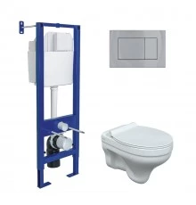 Комплект: инсталляция ATOM кнопка хром глянец, унитаз подвесной Albit S с сиденьем Top Slim SO дюроп