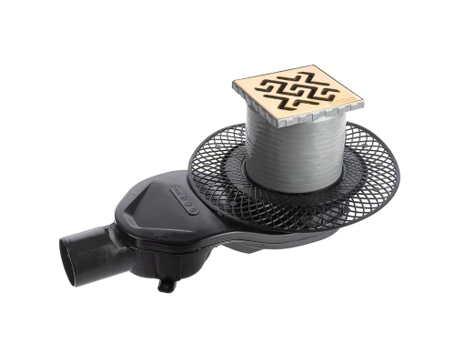 Трап водосток PLATZ Antik 100х100, золото глянец, S-сифон D50 H60 боковой, BERGES