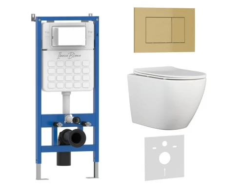 Комплект 3в1 IBERICA BLANCA инсталляция SILENCIO, унитаз BILBAO ALTO белый, кнопка смыва ESTI-S золото матовое (IB001.BLA.234.854)