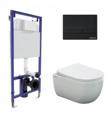 Комплект: инсталляция NOVUM кнопка F5 Soft Touch черная, унитаз VENTAS Rimless 49 см, сидение дюропл