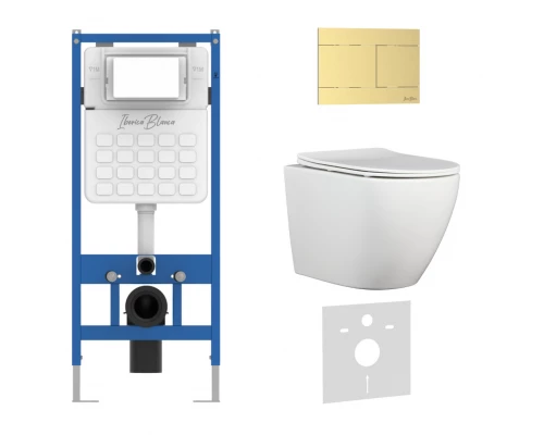 Комплект 3в1 IBERICA BLANCA инсталляция SILENCIO, унитаз BILBAO ALTO белый, кнопка смыва INOX-R золото матовое (IB001.BLA.234.1503)