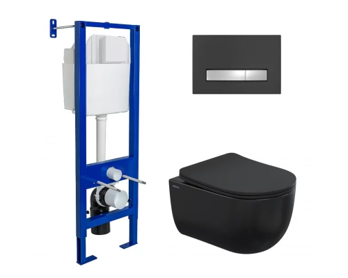 Комплект для монтажа подвесного унитаза: инсталляция Atom Line, кнопка soft touch черный/хром глянец