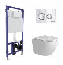 Комплект: инсталляция NOVUM кнопка O3 хром глянец, унитаз OKUS Rimless 49 см, сиденье дюропласт микр