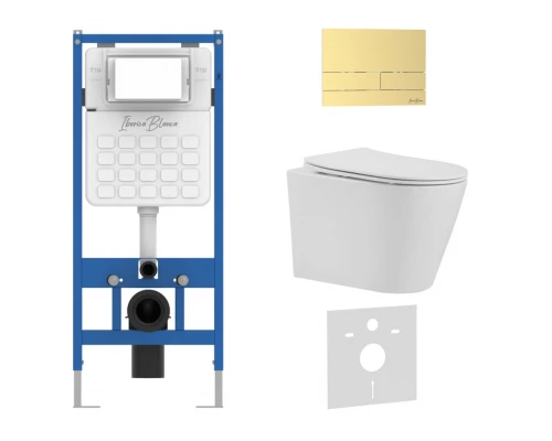 Комплект 3в1 IBERICA BLANCA инсталляция SILENCIO, унитаз BURGOS ALTO белый, кнопка смыва INOX-S золото матовое (IB001.BRA.231.1603)