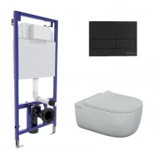 Комплект: инсталляция NOVUM кнопка L5 черная Soft Touch, унитаз EGO XL Rimless, сиденье дюропласт To