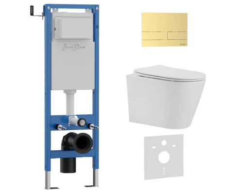 Комплект 3в1 IBERICA BLANCA инсталляция SILENCIO MINI, унитаз BURGOS ALTO белый, кнопка смыва INOX-S золото матовое (IB.001M.BRA.234.1603)