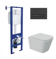 Комплект: инсталляция АТОМ Line кнопка черная Soft Touch, унитаз FLOE S Rimless 51 см, сидение дюроп