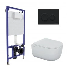Комплект для монтажа  подвесного унитаза: инсталляция NOVUM525, кнопка O5 черная Soft Touch, унитаз