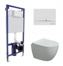 Комплект для монтажа подвесного унитаза: инсталляция NOVUM525, кнопка F1 белая, унитаз OKUS, сиденье