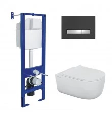 Комплект: инсталляция АТОМ Line кнопка черная/хром, унитаз Ego XL Rimless  см, сиденье микролифт быс