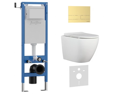 Комплект 3в1 IBERICA BLANCA инсталляция SILENCIO MINI, унитаз BILBAO ALTO белый, кнопка смыва INOX-S золото матовое (IB.001M.BLA.234.1603)